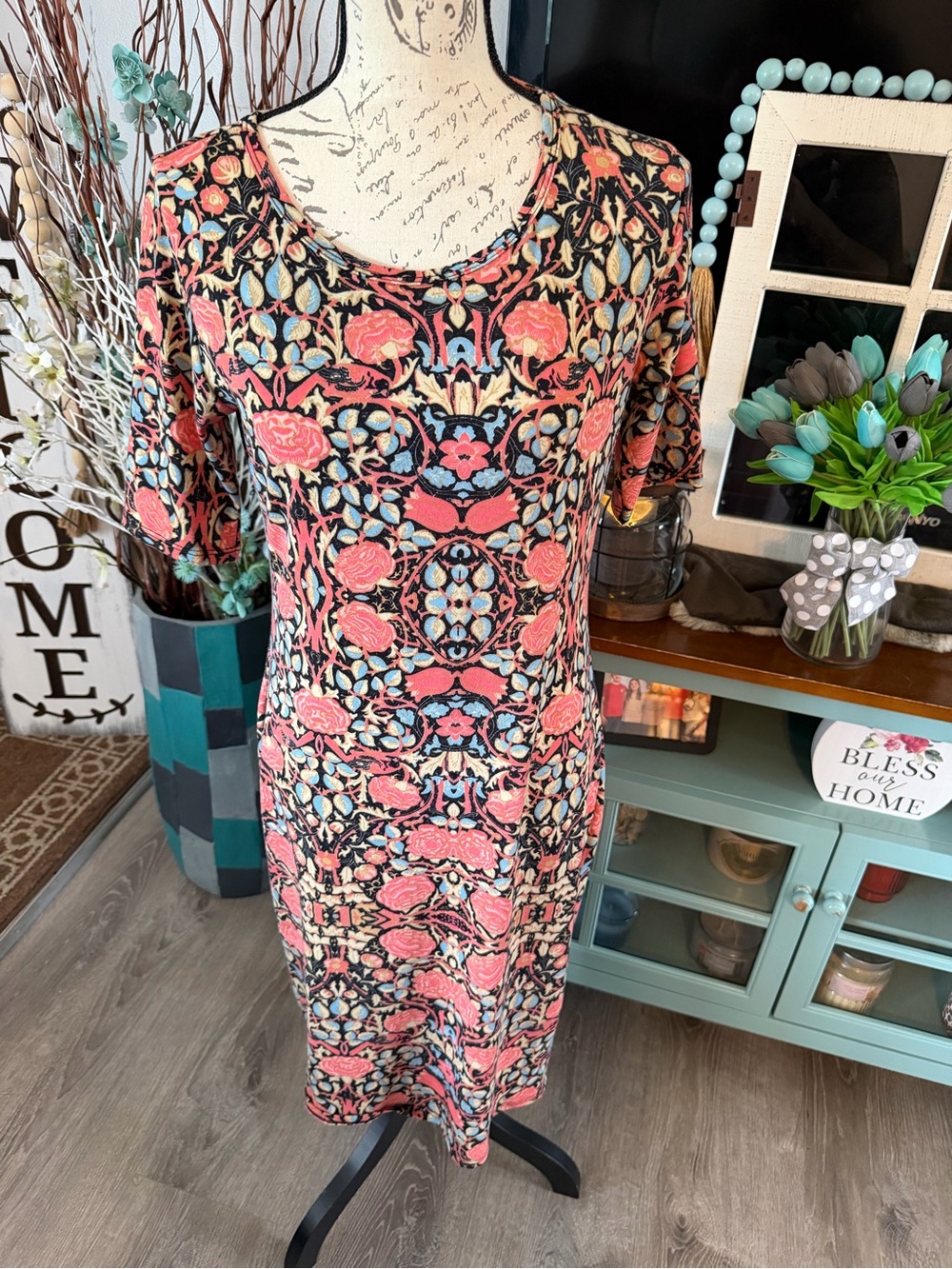 LuLaRoe Coral, Black & Blue Floral Midi Dress Medium